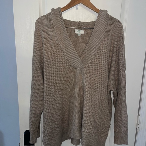 aerie Sweaters - Aerie Cozy V-Neck Hooded Sweater in Taupe